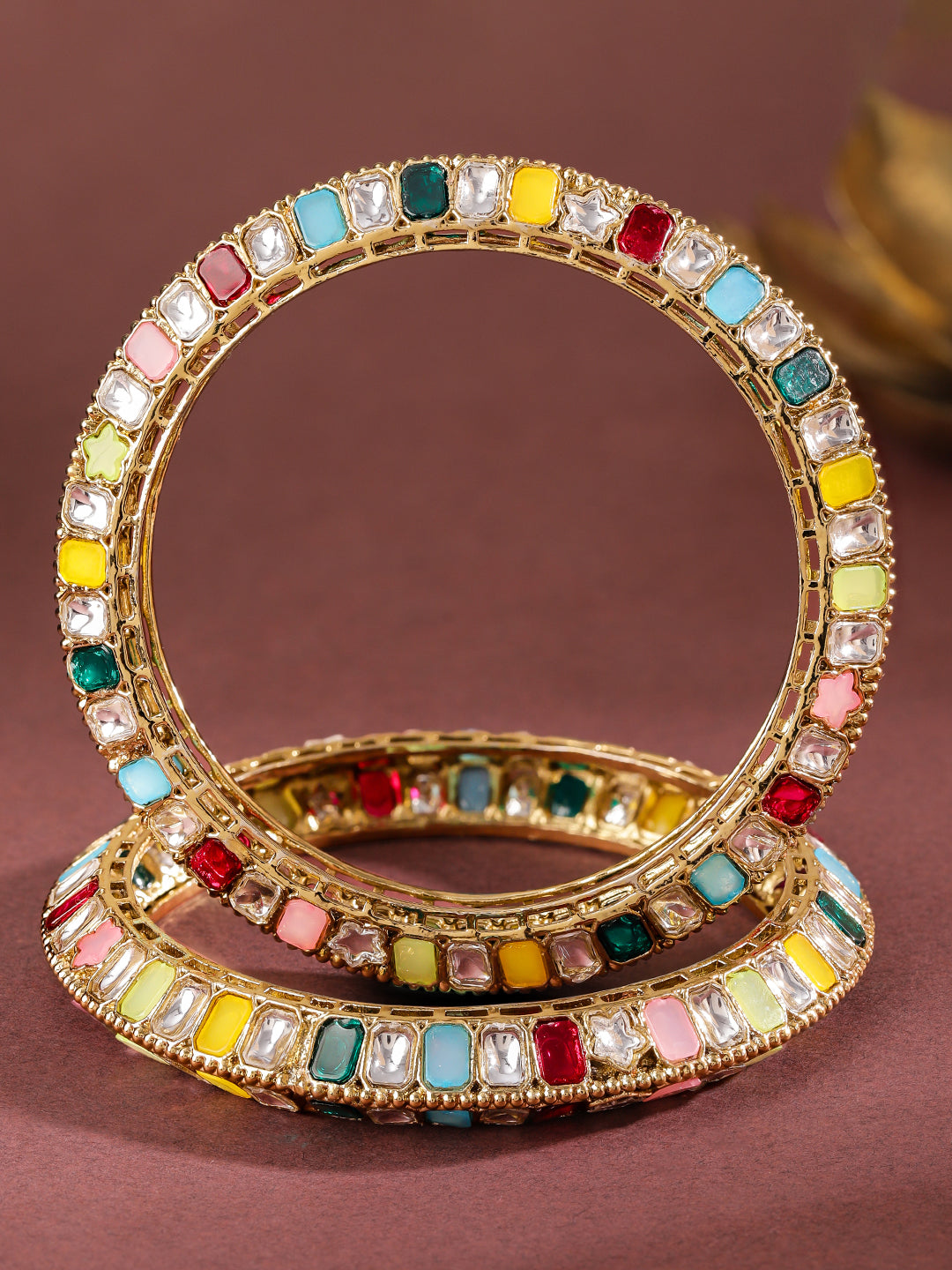 Wentra Set of 2 18K Gold-Plated Multi-Coloured Zirconia Stone Studded Traditional Bangles