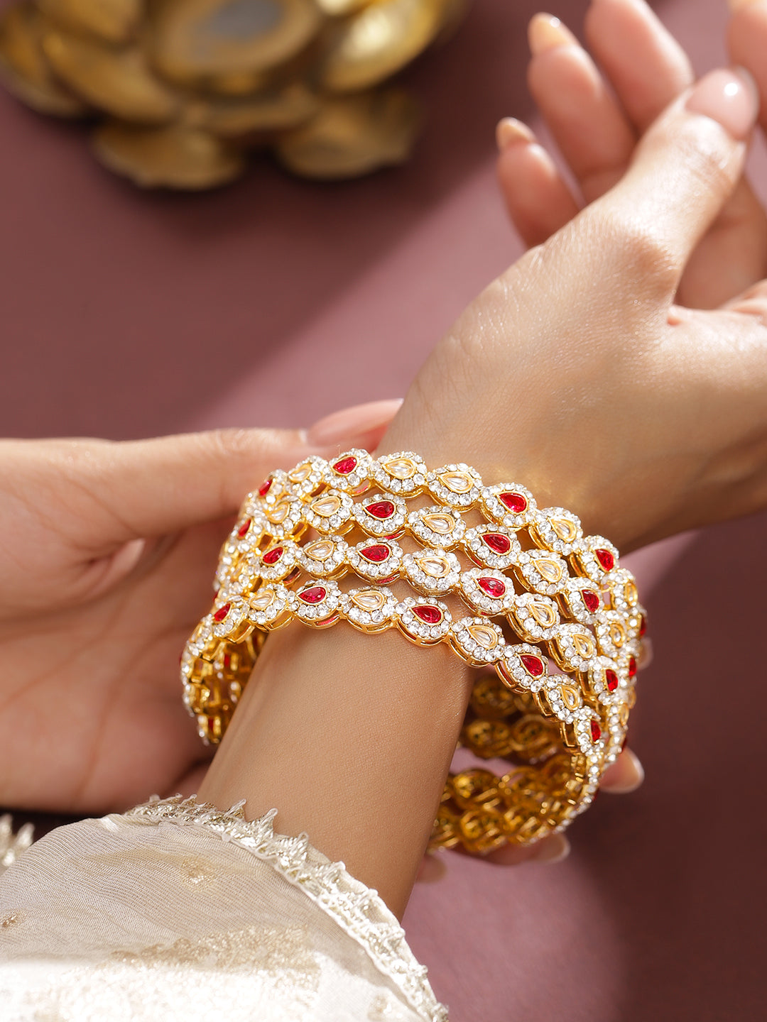 Wentra Set of 4 18K Mehandi Gold-Plated Ruby Pink & White Kundan Studded Designer Bangles