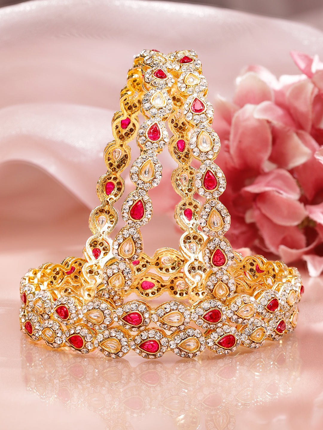 Wentra Set of 4 18K Mehandi Gold-Plated Ruby Pink & White Kundan Studded Designer Bangles