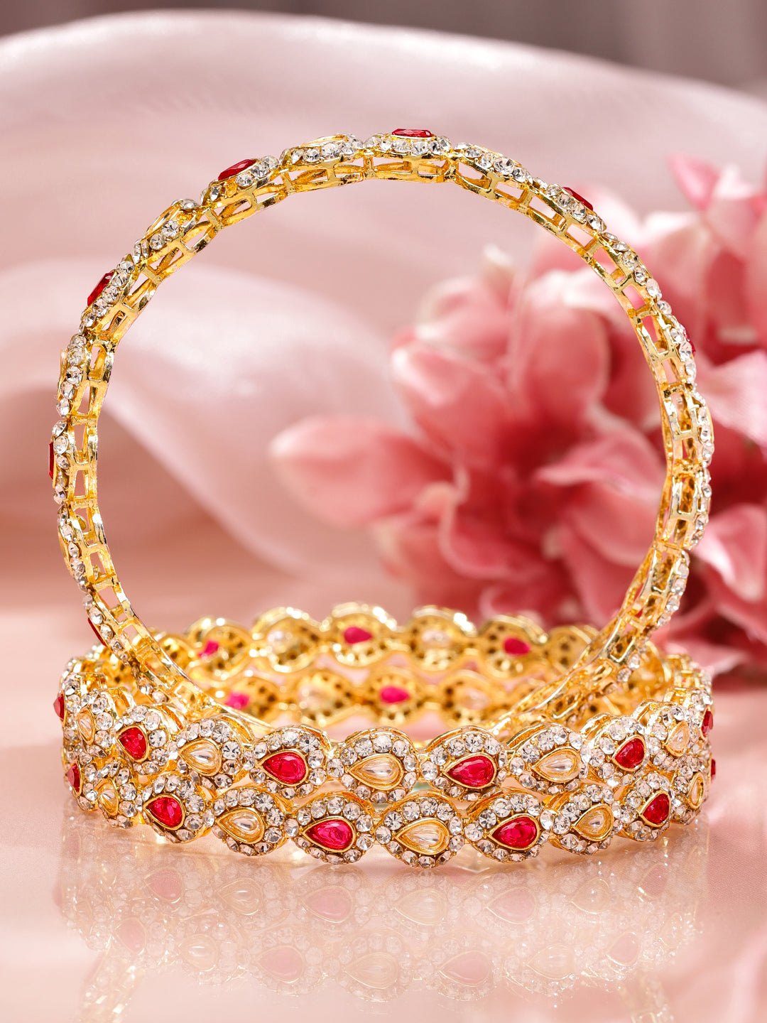 Wentra Set of 4 18K Mehandi Gold-Plated Ruby Pink & White Kundan Studded Designer Bangles