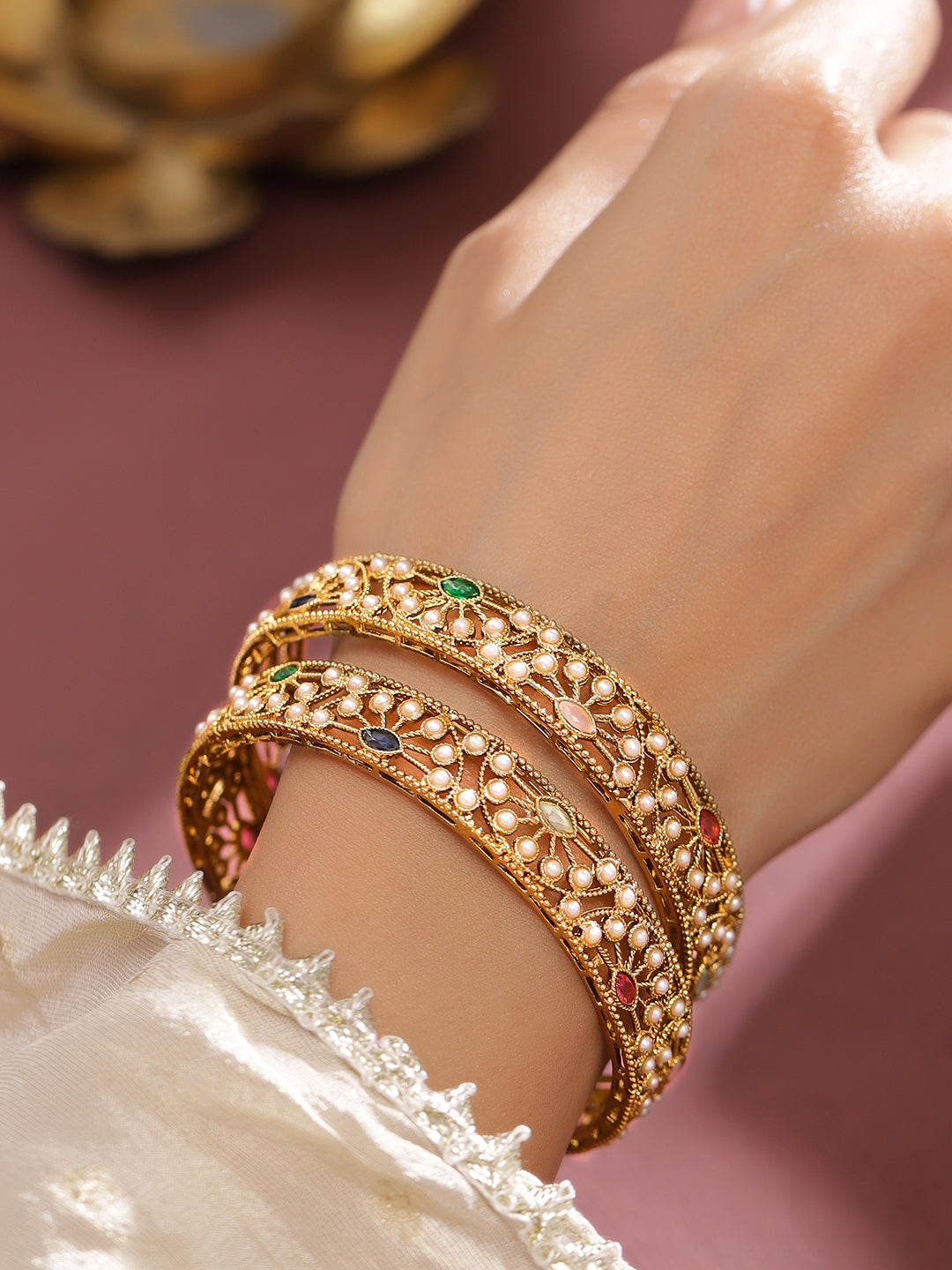 Wentra Set of 2 18K Gold-Plated Mini Pearl Studded & Multi-Coloured Stone Designer Bangles