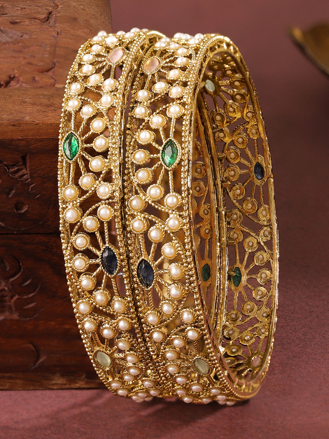 Wentra Set of 2 18K Gold-Plated Mini Pearl Studded & Multi-Coloured Stone Designer Bangles