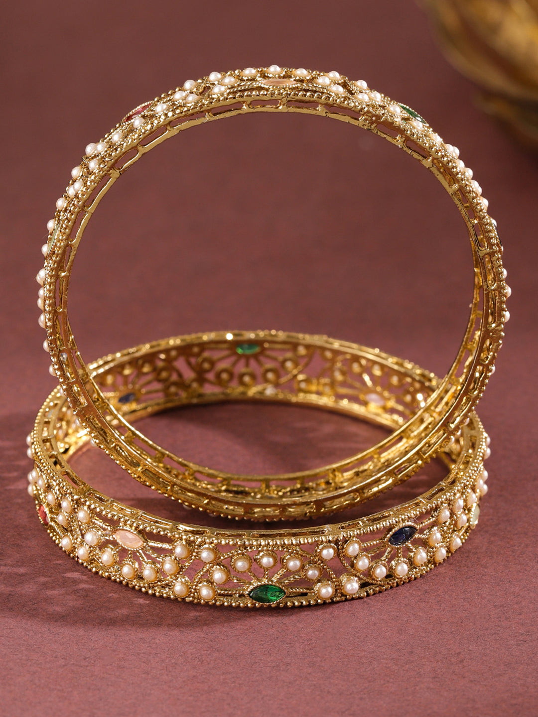 Wentra Set of 2 18K Gold-Plated Mini Pearl Studded & Multi-Coloured Stone Designer Bangles