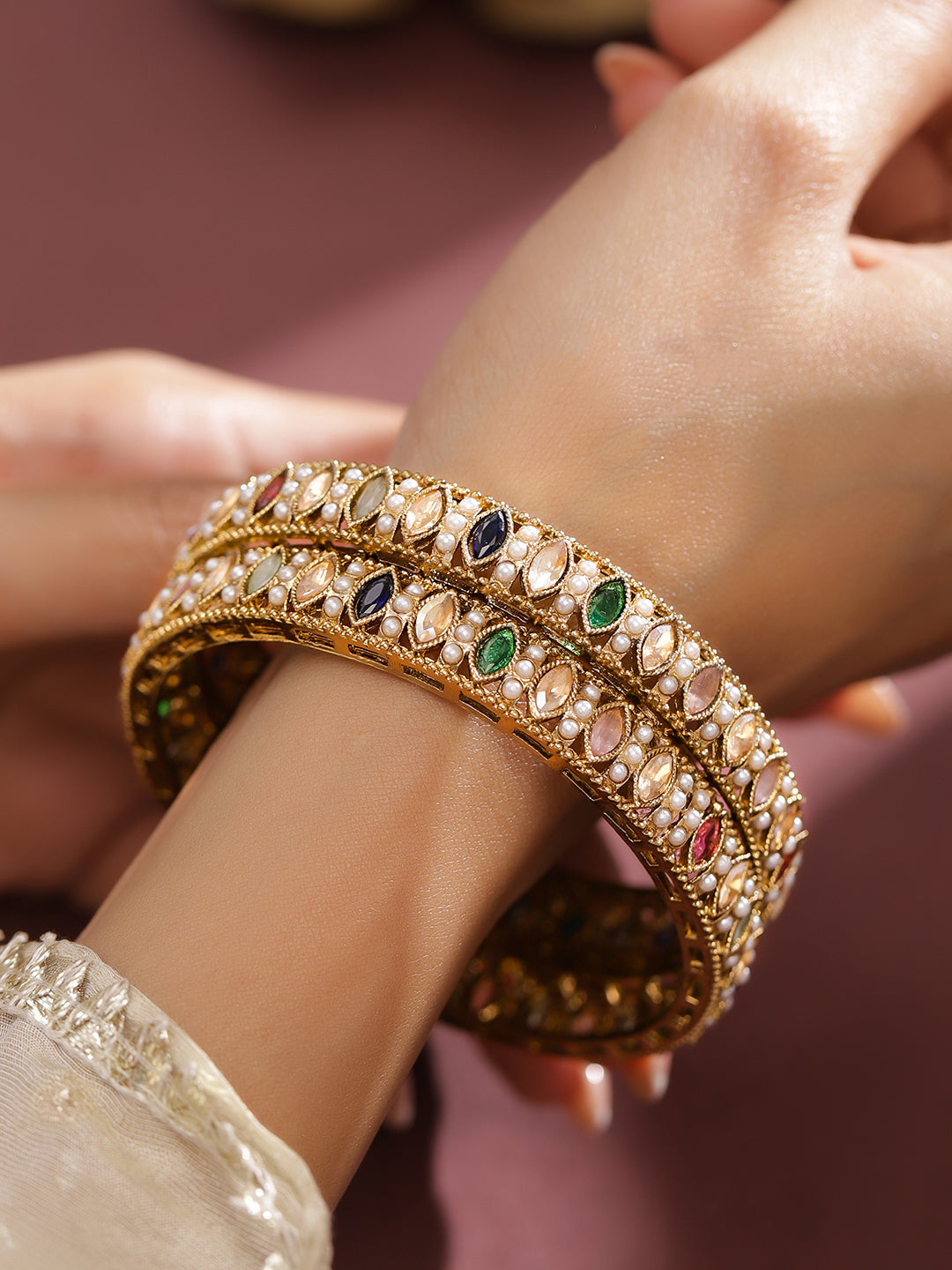 Wentra Set of 2 18K Gold-Plated Mini Pearl Studded & Multi-Colour Stone Patterned Bangles