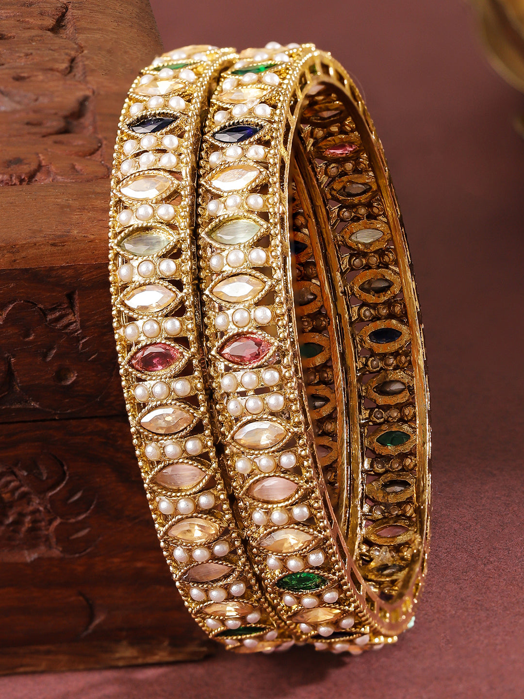 Wentra Set of 2 18K Gold-Plated Mini Pearl Studded & Multi-Colour Stone Patterned Bangles