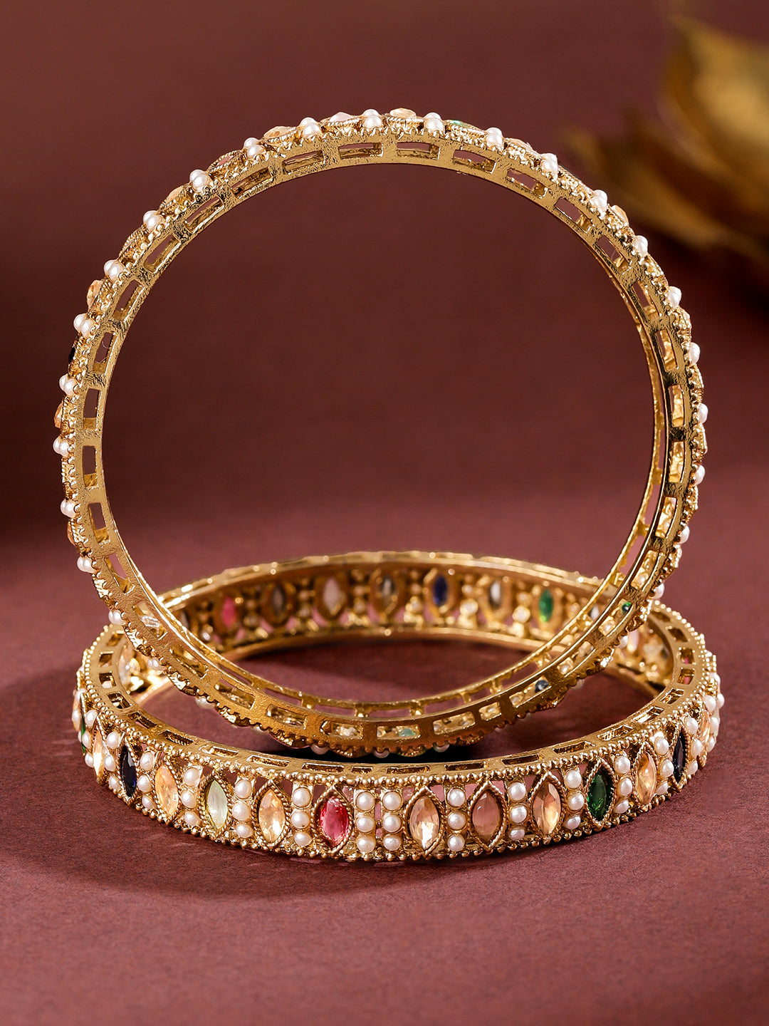 Wentra Set of 2 18K Gold-Plated Mini Pearl Studded & Multi-Colour Stone Patterned Bangles