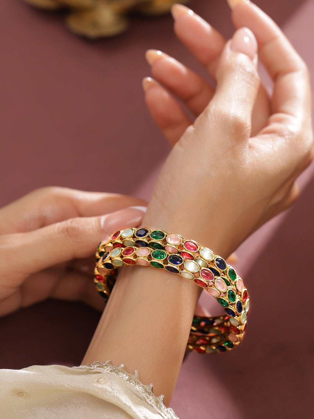 Wentra Set of 2 18K Gold-Plated Multi-Coloured Oval Stone Studded Designer Bangles