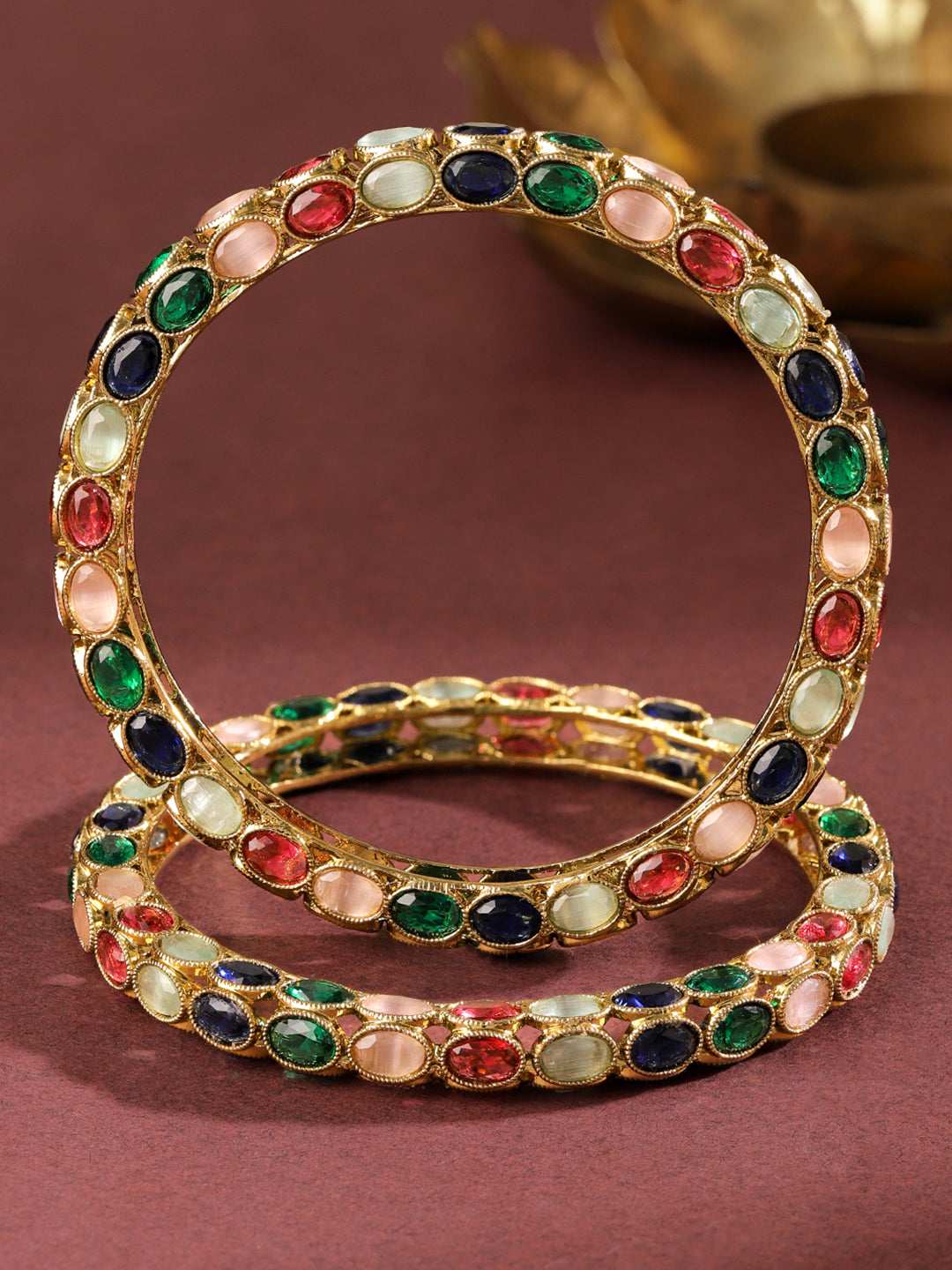 Wentra Set of 2 18K Gold-Plated Multi-Coloured Oval Stone Studded Designer Bangles