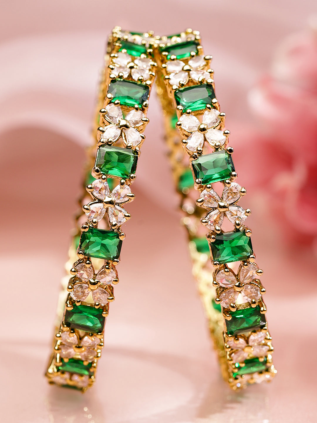 Wentra Set of 2 18K Gold-Plated Emerald Green & White Zirconia Floral Studded Bangles