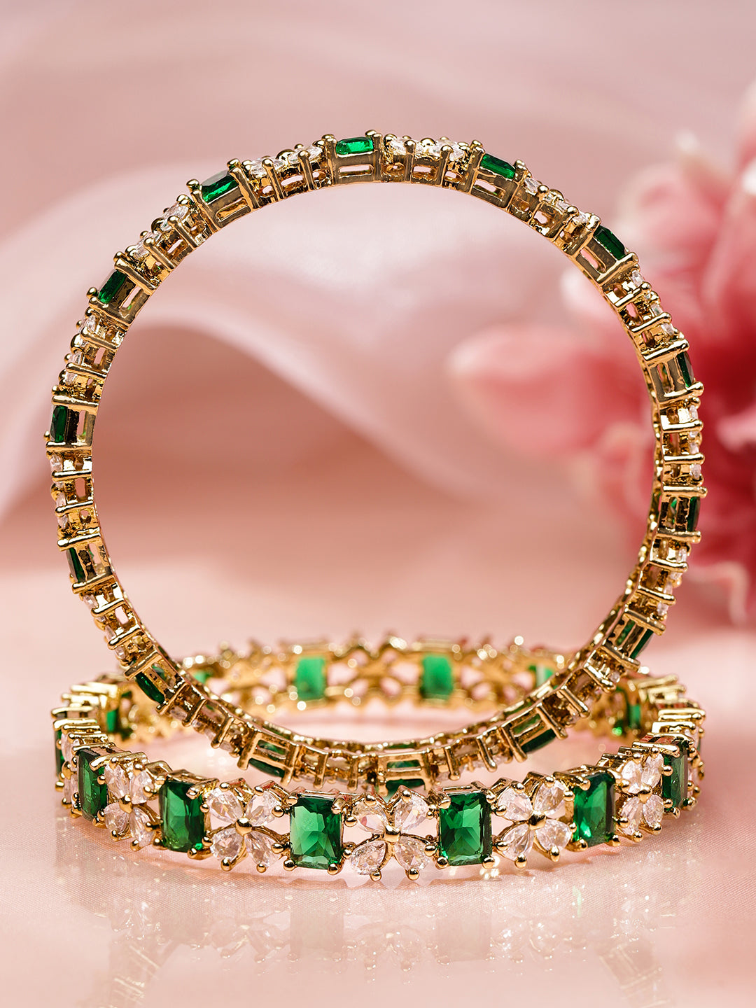 Wentra Set of 2 18K Gold-Plated Emerald Green & White Zirconia Floral Studded Bangles