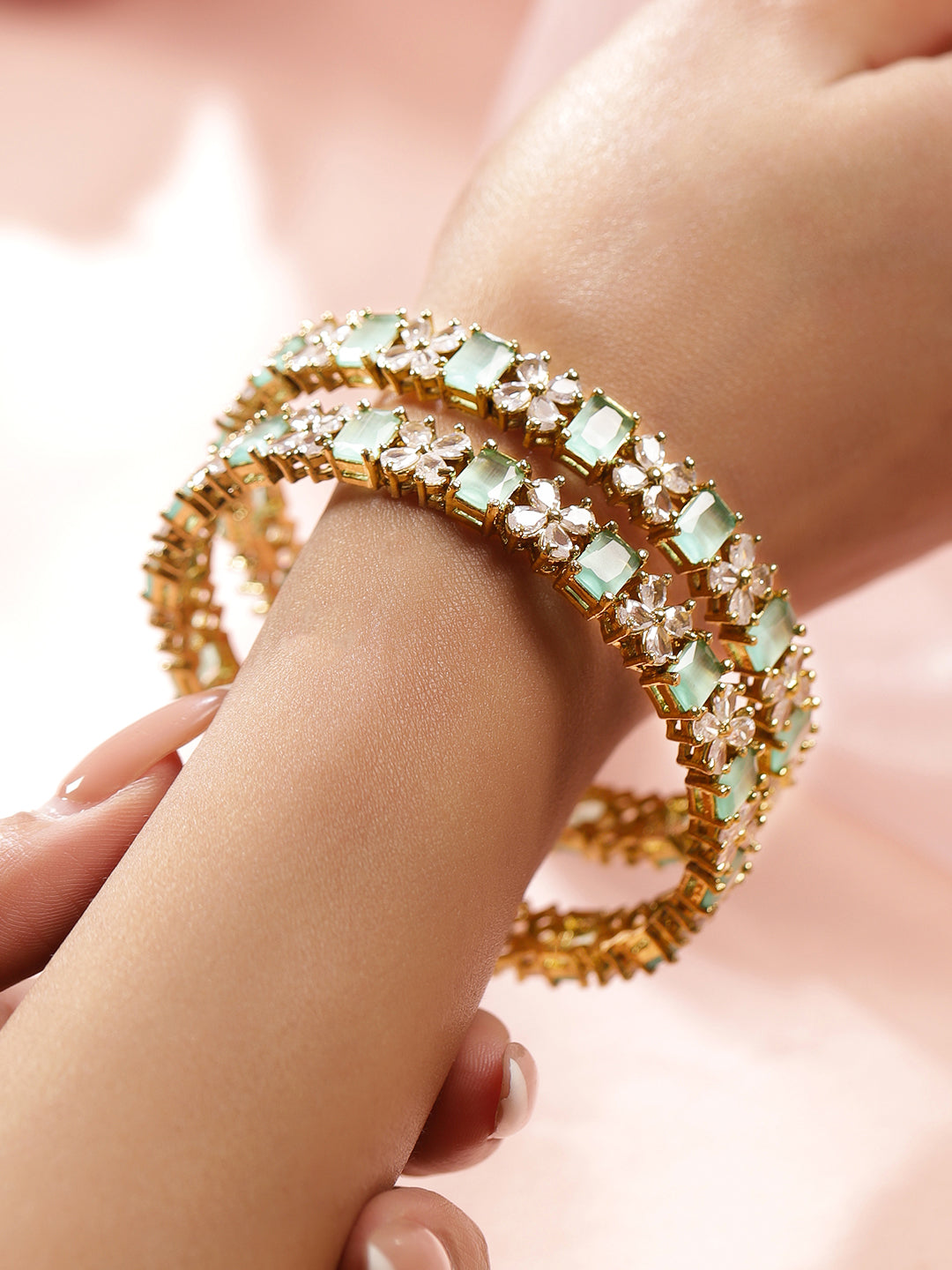 Wentra Set of 2 18K Gold-Plated Pastel Green & White Zirconia Studded Floral Bangles