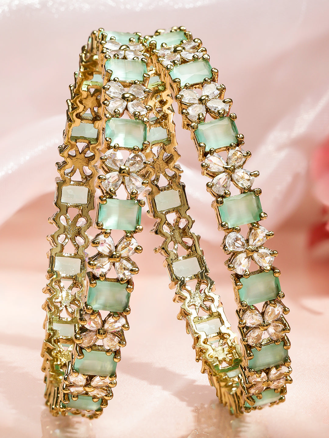 Wentra Set of 2 18K Gold-Plated Pastel Green & White Zirconia Studded Floral Bangles