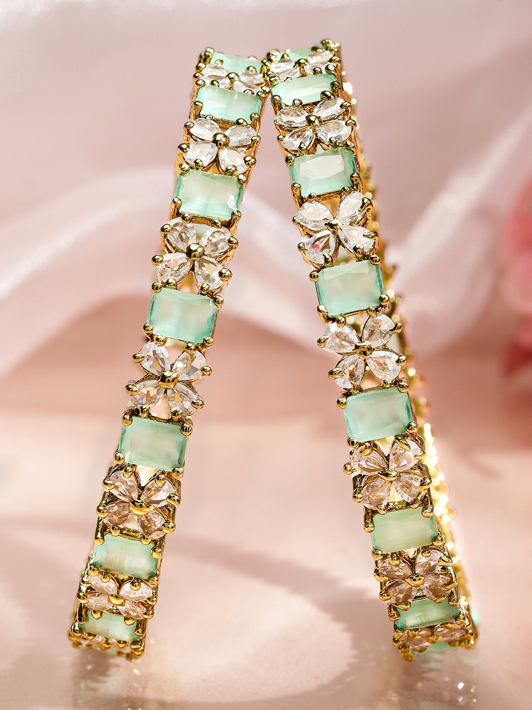 Wentra Set of 2 18K Gold-Plated Pastel Green & White Zirconia Studded Floral Bangles