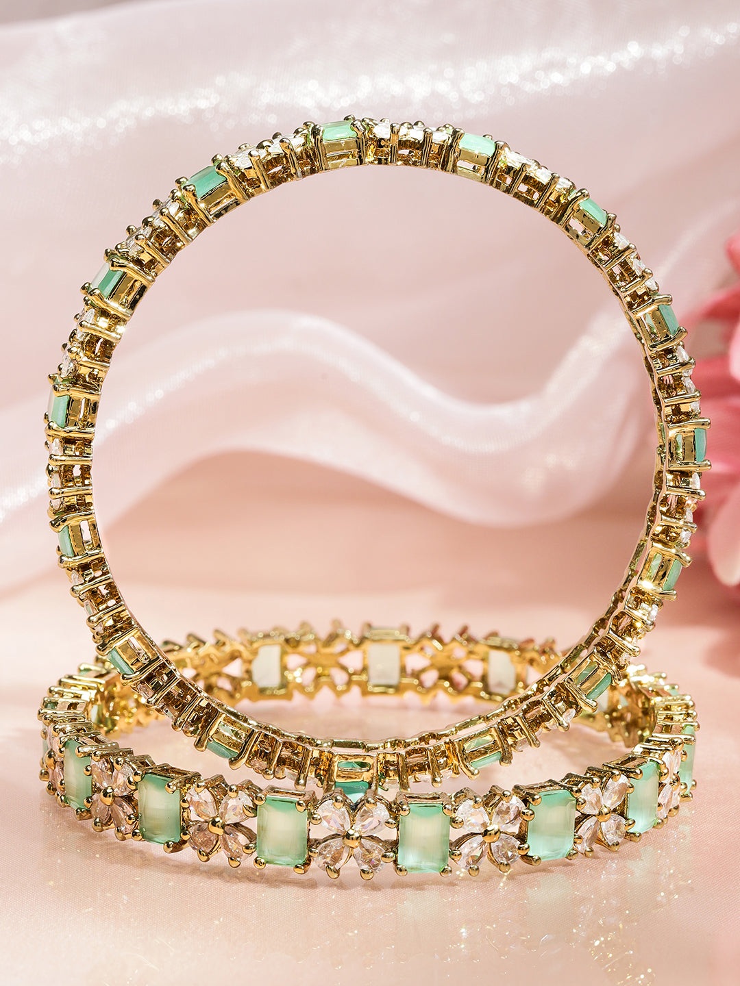 Wentra Set of 2 18K Gold-Plated Pastel Green & White Zirconia Studded Floral Bangles