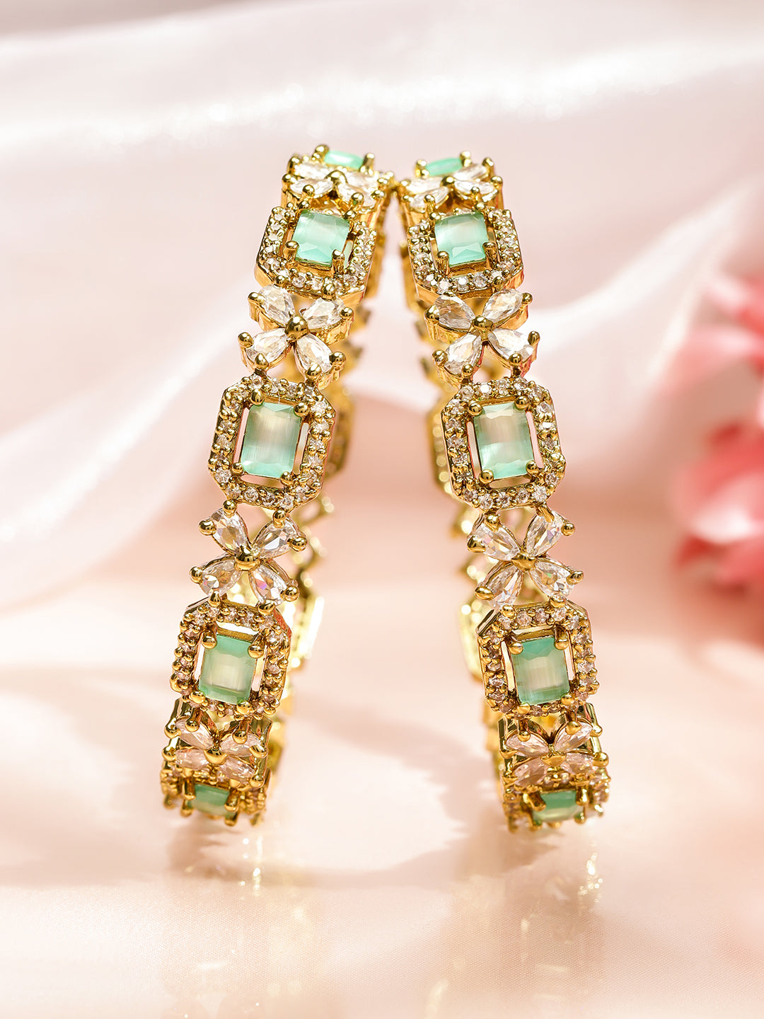 Wentra Set of 2 18K Gold-Plated Mint Green & White Cubic Zirconia Studded Floral Bangles