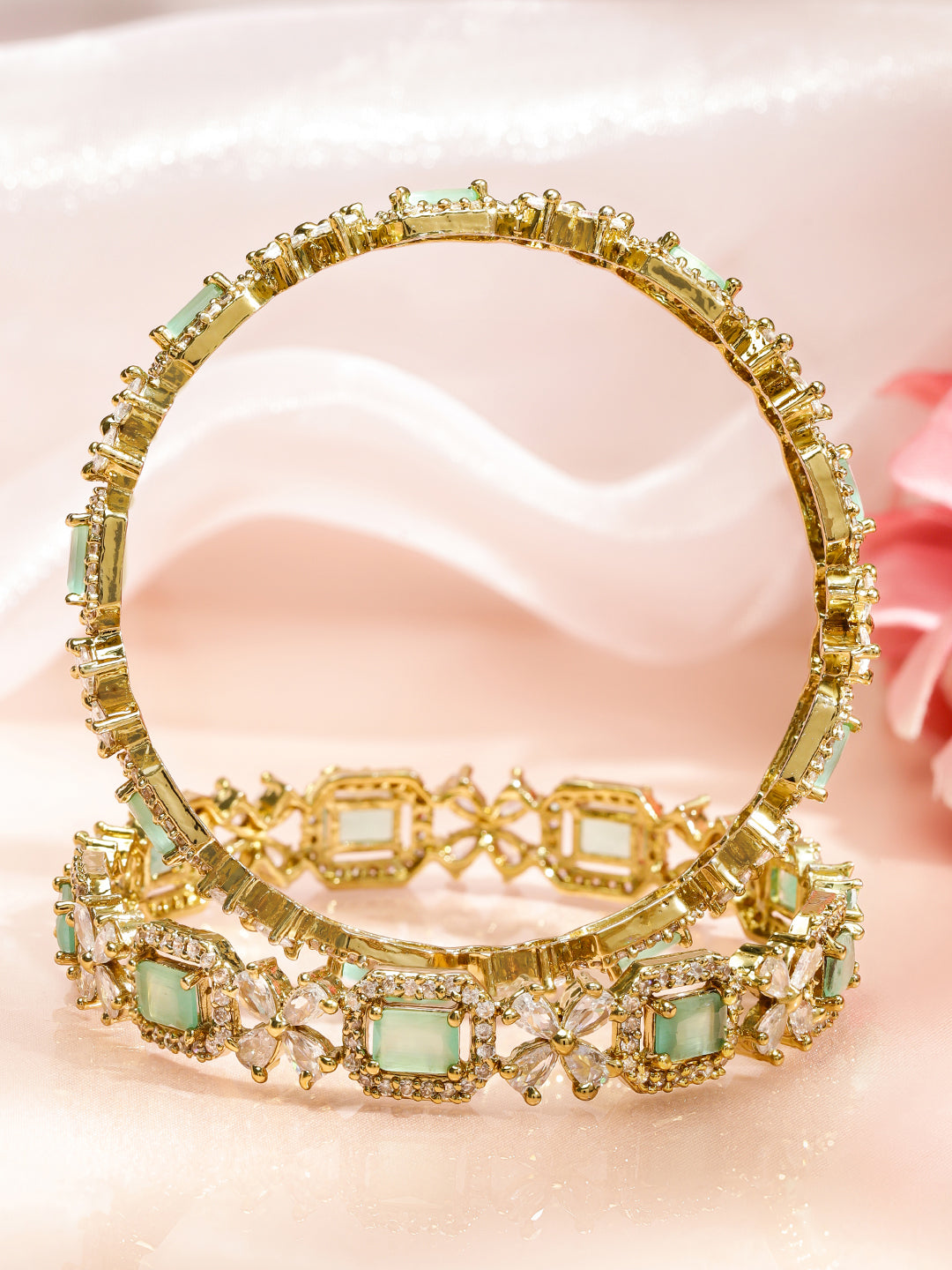 Wentra Set of 2 18K Gold-Plated Mint Green & White Cubic Zirconia Studded Floral Bangles