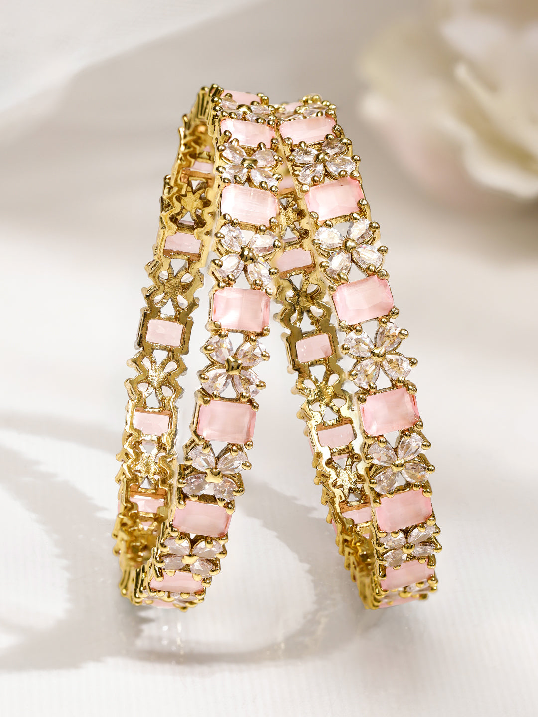 Wentra Set of 2 18K Gold-Plated Pastel Pink & White Cubic Zirconia Studded Floral Bangles