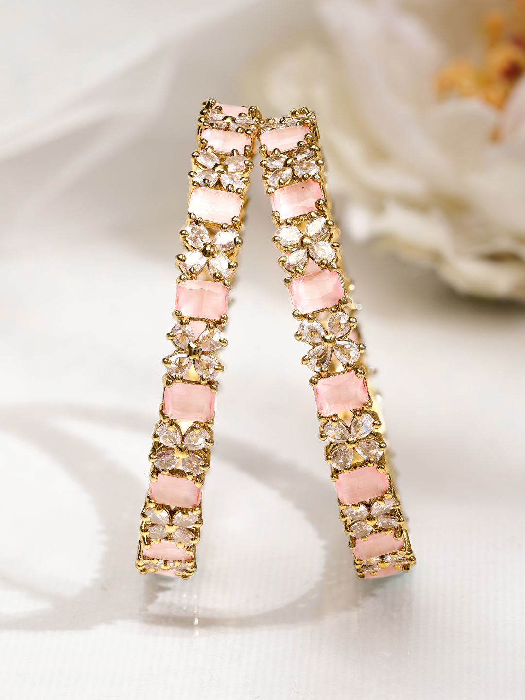 Wentra Set of 2 18K Gold-Plated Pastel Pink & White Cubic Zirconia Studded Floral Bangles