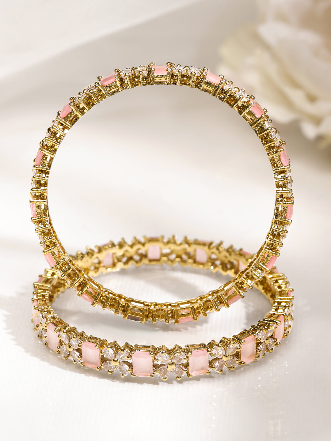 Wentra Set of 2 18K Gold-Plated Pastel Pink & White Cubic Zirconia Studded Floral Bangles
