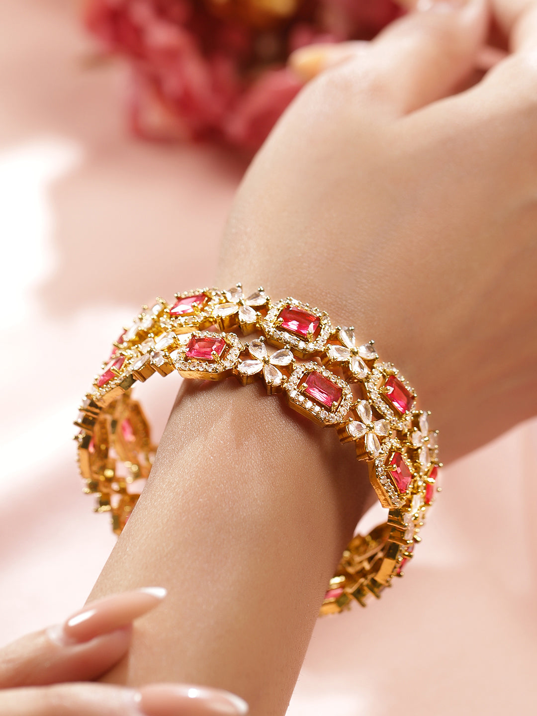 Wentra Set of 2 18K Gold-Plated Ruby Red & White Zirconia Studded Floral Design Bangles