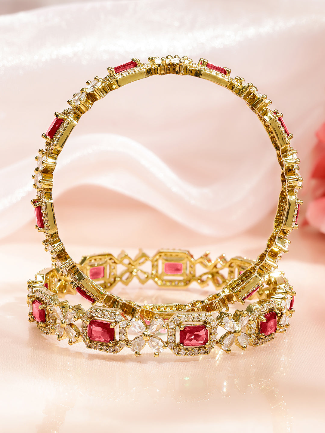 Wentra Set of 2 18K Gold-Plated Ruby Red & White Zirconia Studded Floral Design Bangles