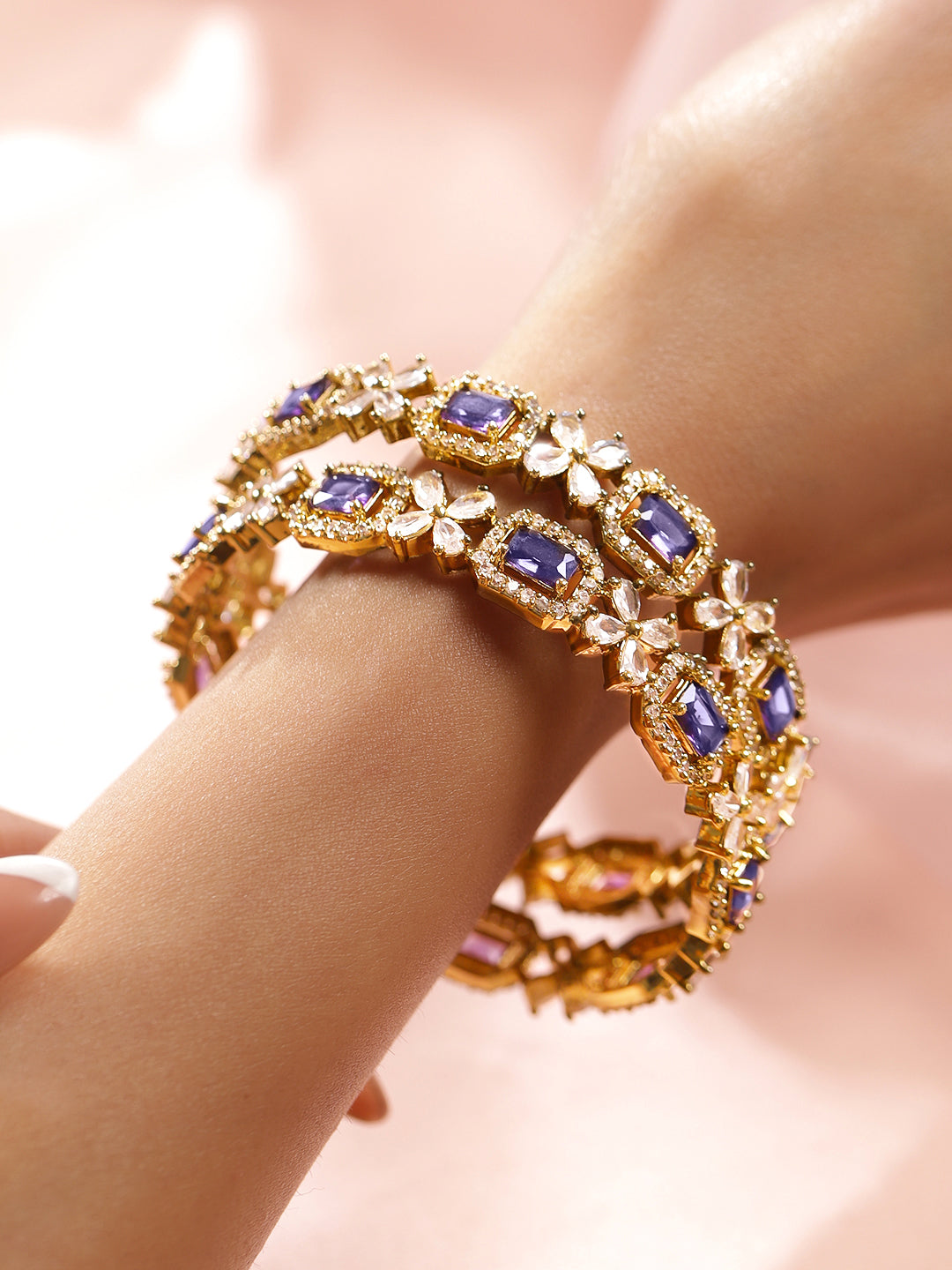 Wentra Set of 2 18K Gold-Plated Purple AD & White Zirconia Studded Floral Design Bangles