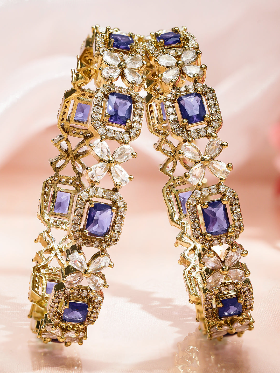 Wentra Set of 2 18K Gold-Plated Purple AD & White Zirconia Studded Floral Design Bangles