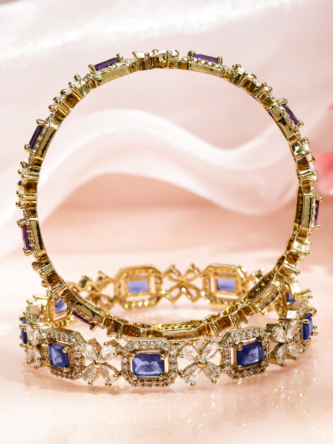 Wentra Set of 2 18K Gold-Plated Purple AD & White Zirconia Studded Floral Design Bangles
