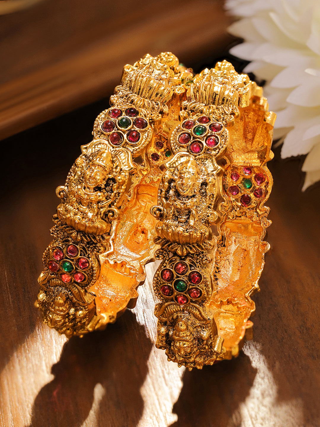 Wentra Set of 2 24K Gold-Plated Ruby Red & Green Stone Studded Temple Bangles with Lakshmi Motif