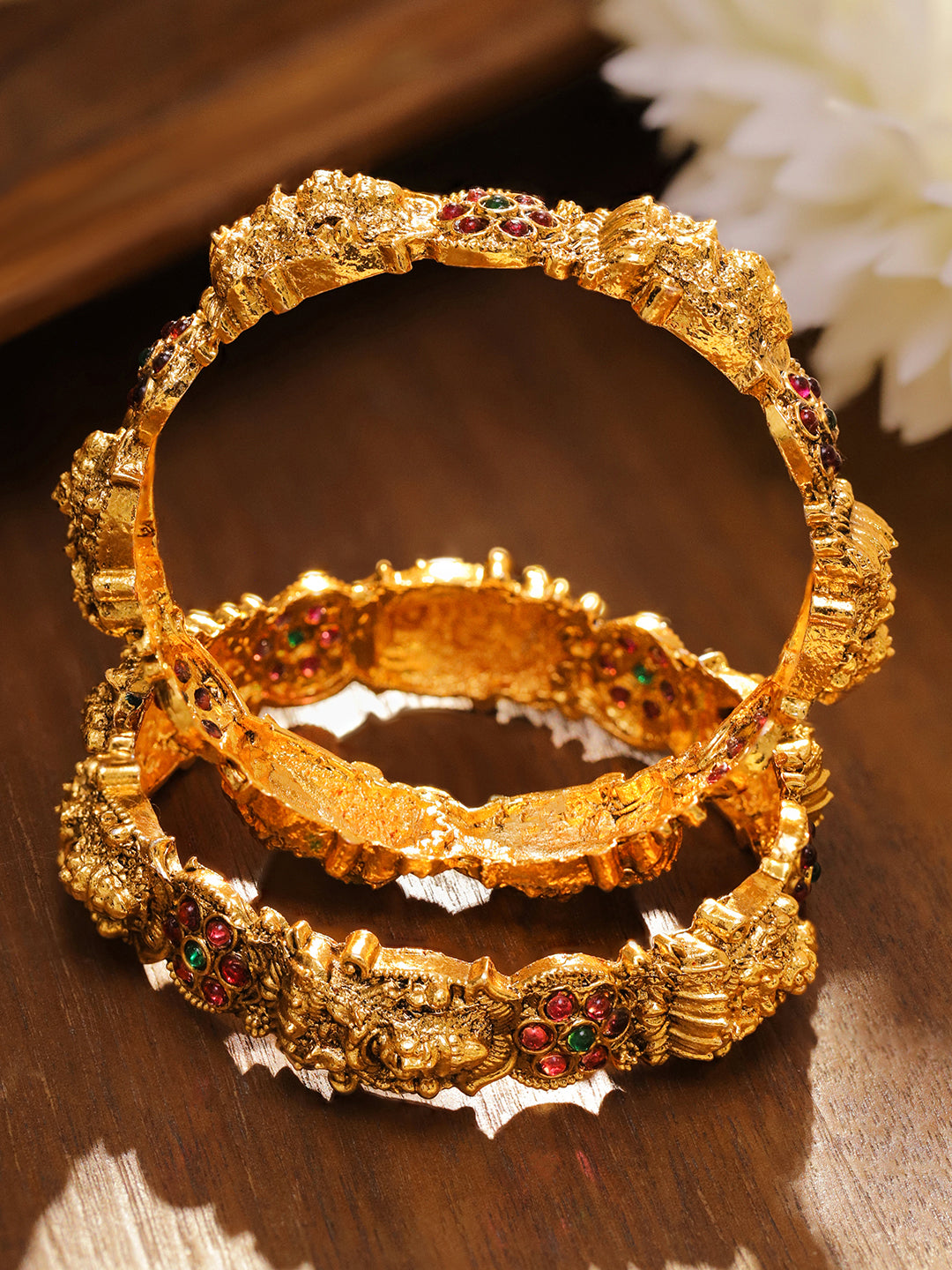 Wentra Set of 2 24K Gold-Plated Ruby Red & Green Stone Studded Temple Bangles with Lakshmi Motif