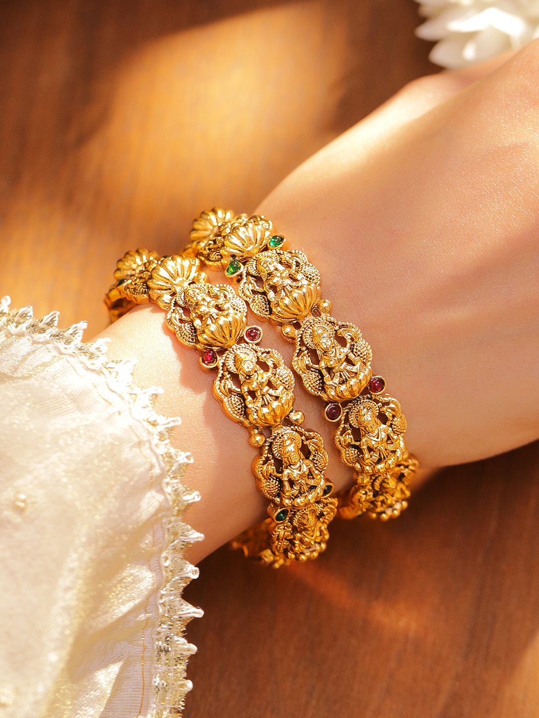 Wentra Set of 2 24K Gold-Plated Divine Lakshmi Temple Bangles with Ruby & Emerald Stones