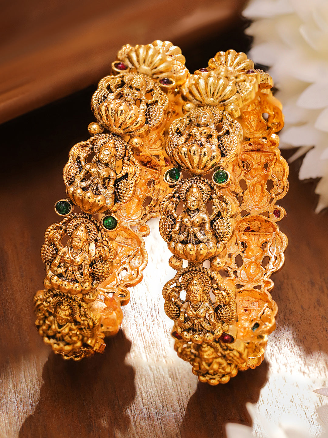 Wentra Set of 2 24K Gold-Plated Divine Lakshmi Temple Bangles with Ruby & Emerald Stones