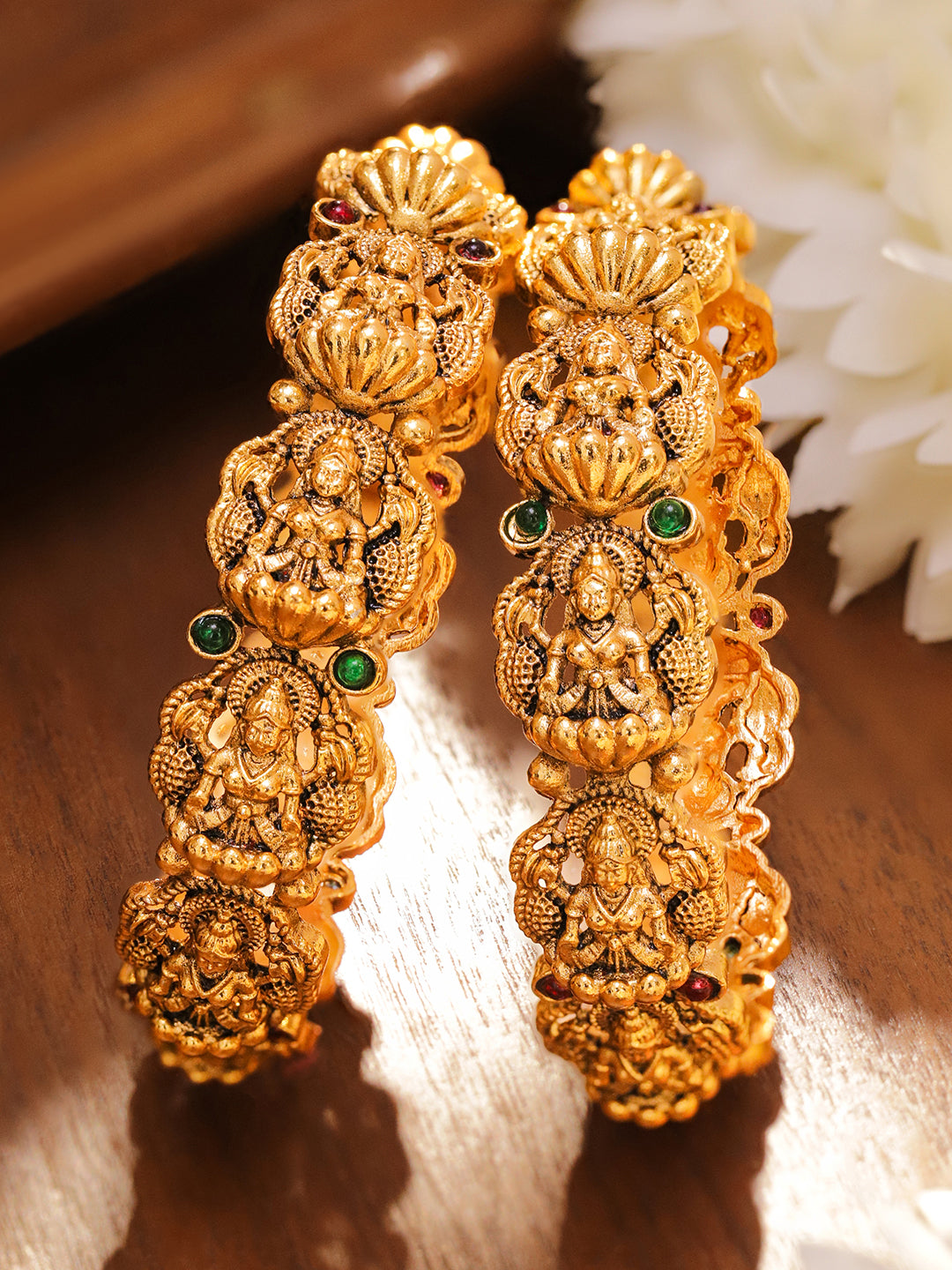 Wentra Set of 2 24K Gold-Plated Divine Lakshmi Temple Bangles with Ruby & Emerald Stones