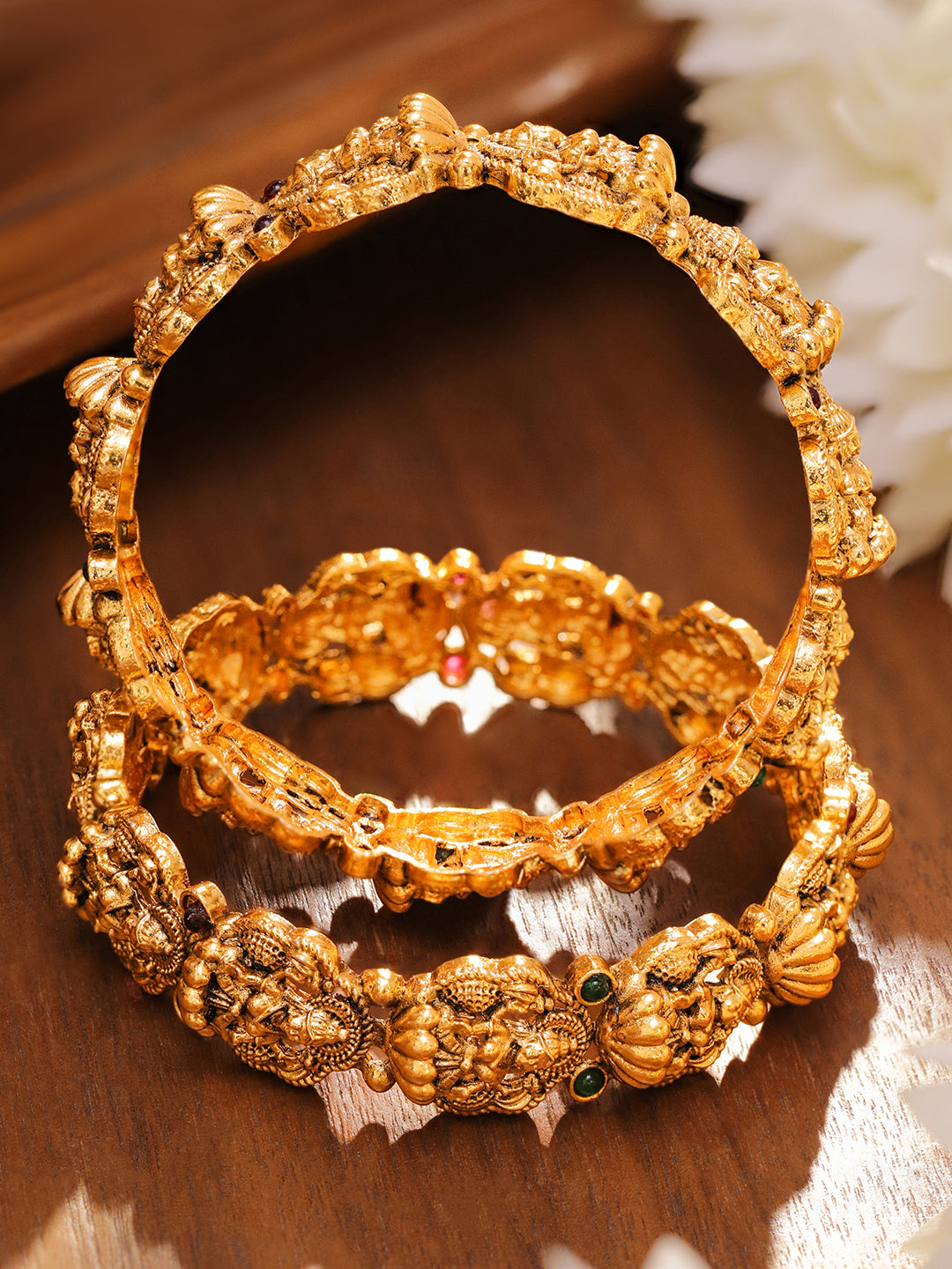 Wentra Set of 2 24K Gold-Plated Divine Lakshmi Temple Bangles with Ruby & Emerald Stones