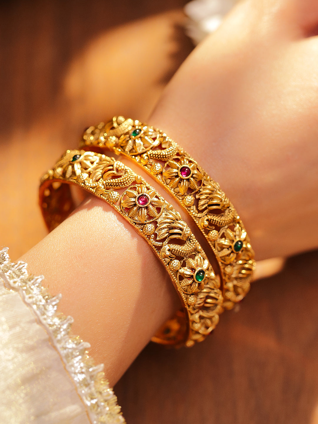 Wentra Set of 2 18K Gold-Plated Emerald Green & Ruby Pink Stone-Studded Floral Peacock Design Bangles