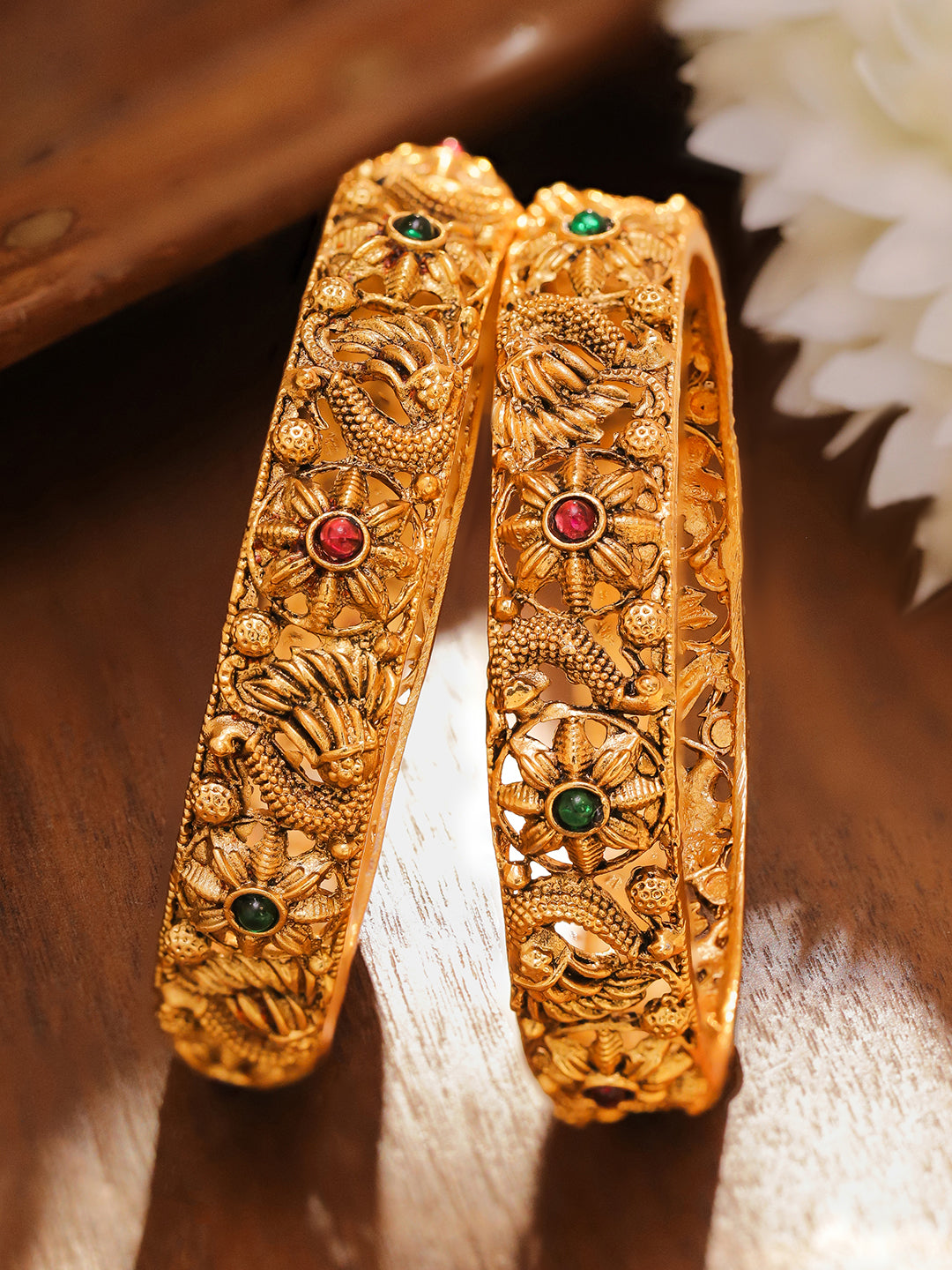 Wentra Set of 2 18K Gold-Plated Emerald Green & Ruby Pink Stone-Studded Floral Peacock Design Bangles