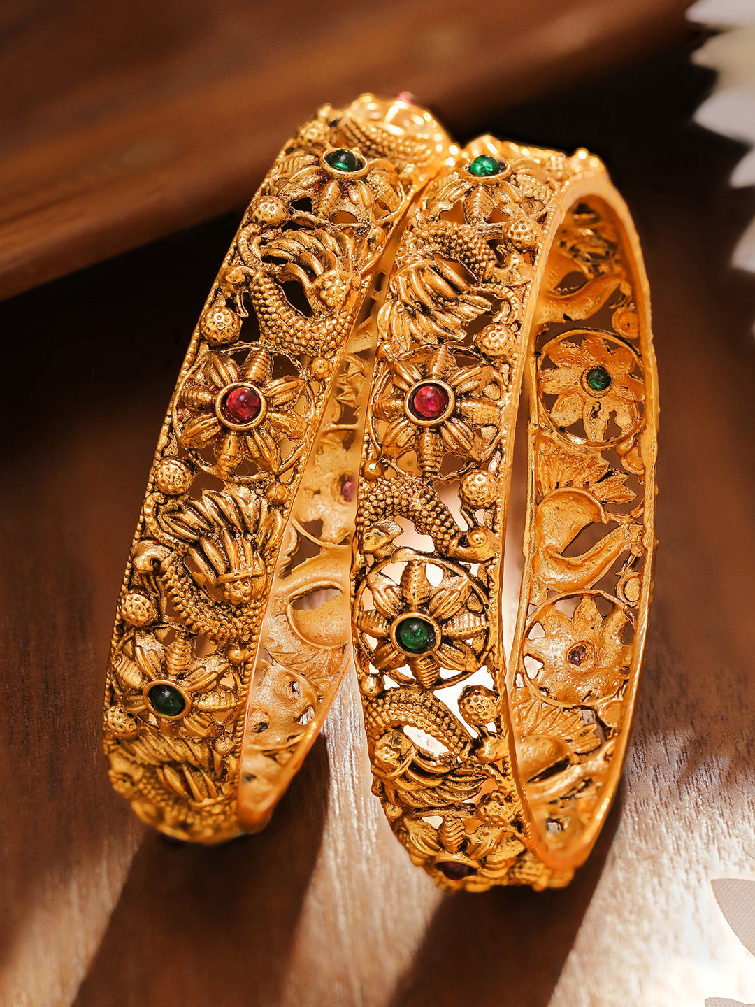 Wentra Set of 2 18K Gold-Plated Emerald Green & Ruby Pink Stone-Studded Floral Peacock Design Bangles