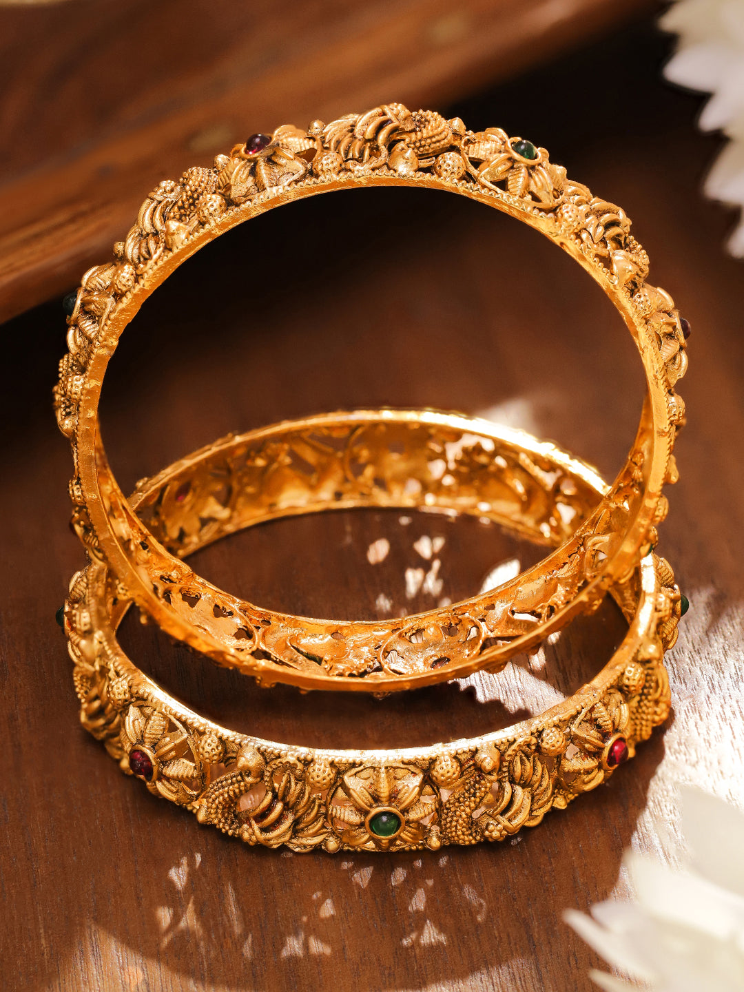 Wentra Set of 2 18K Gold-Plated Emerald Green & Ruby Pink Stone-Studded Floral Peacock Design Bangles