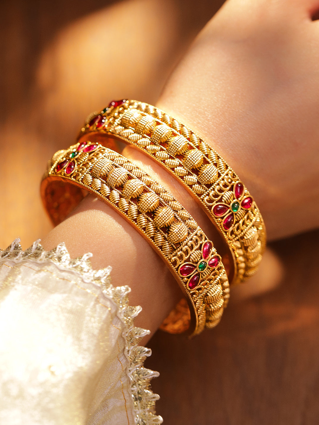 Pair Of Pink & Green Floral Golden Bangles