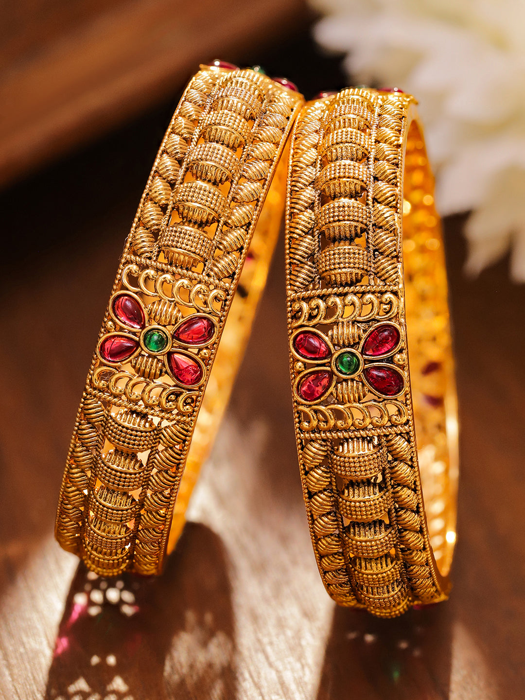 Pair Of Pink & Green Floral Golden Bangles
