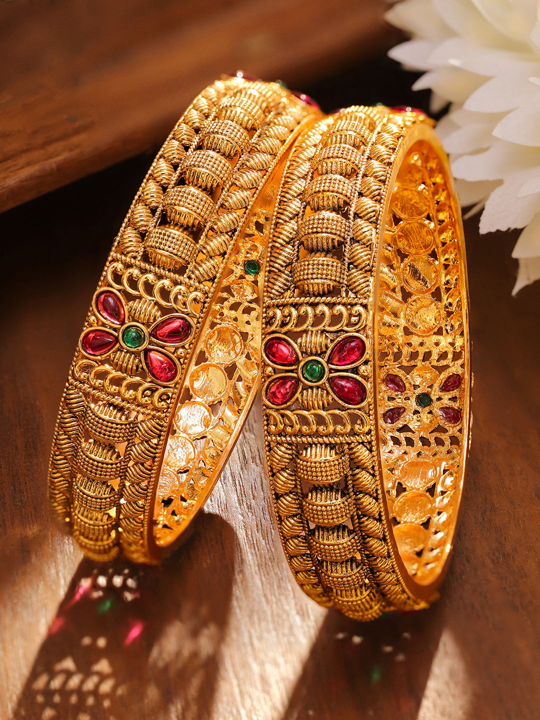 Pair Of Pink & Green Floral Golden Bangles