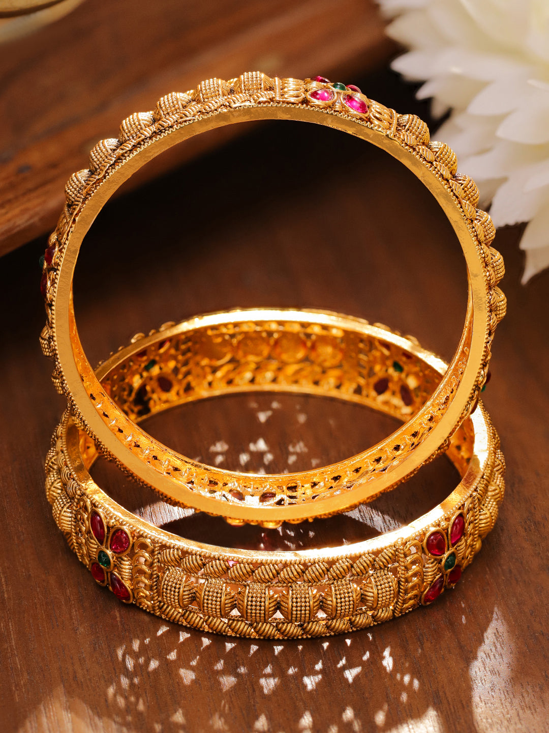 Pair Of Pink & Green Floral Golden Bangles