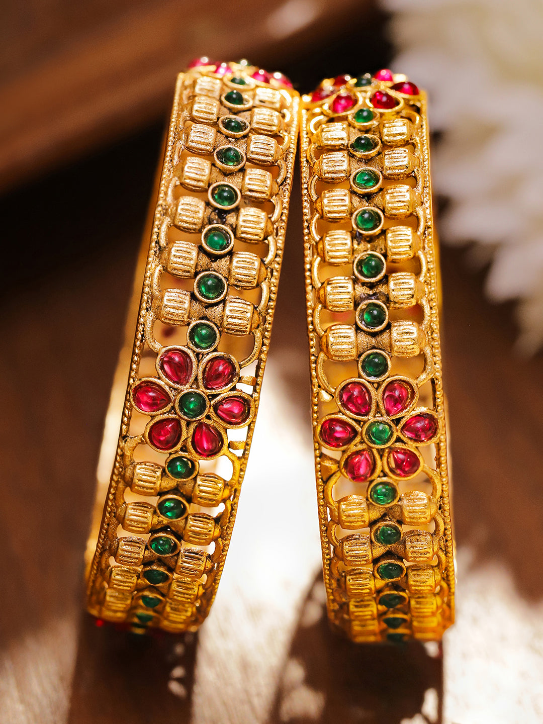 Green-Red Florat Gold Plated Bangles