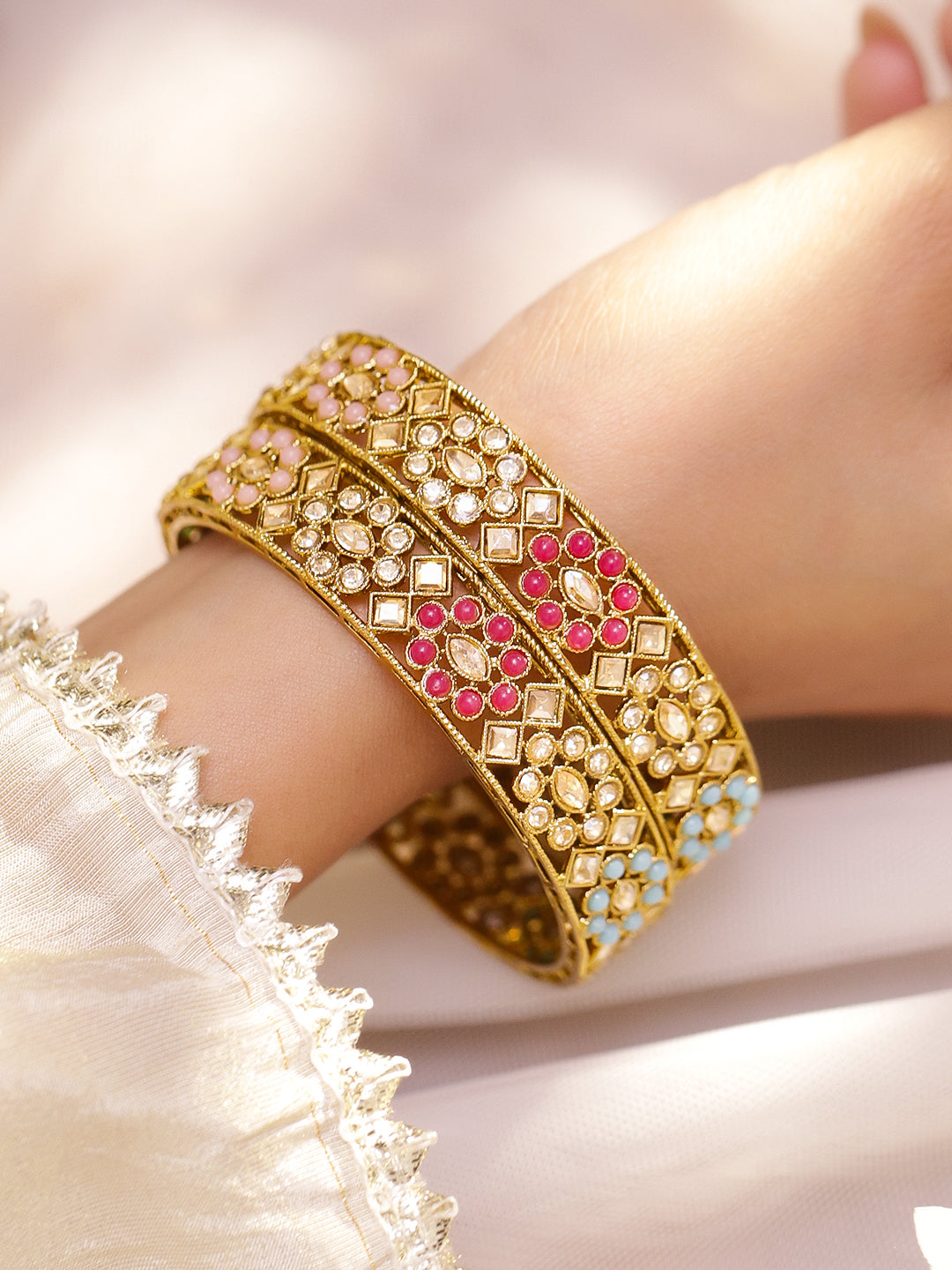 Multicolor Beaded Gold Bangles Set Of 2