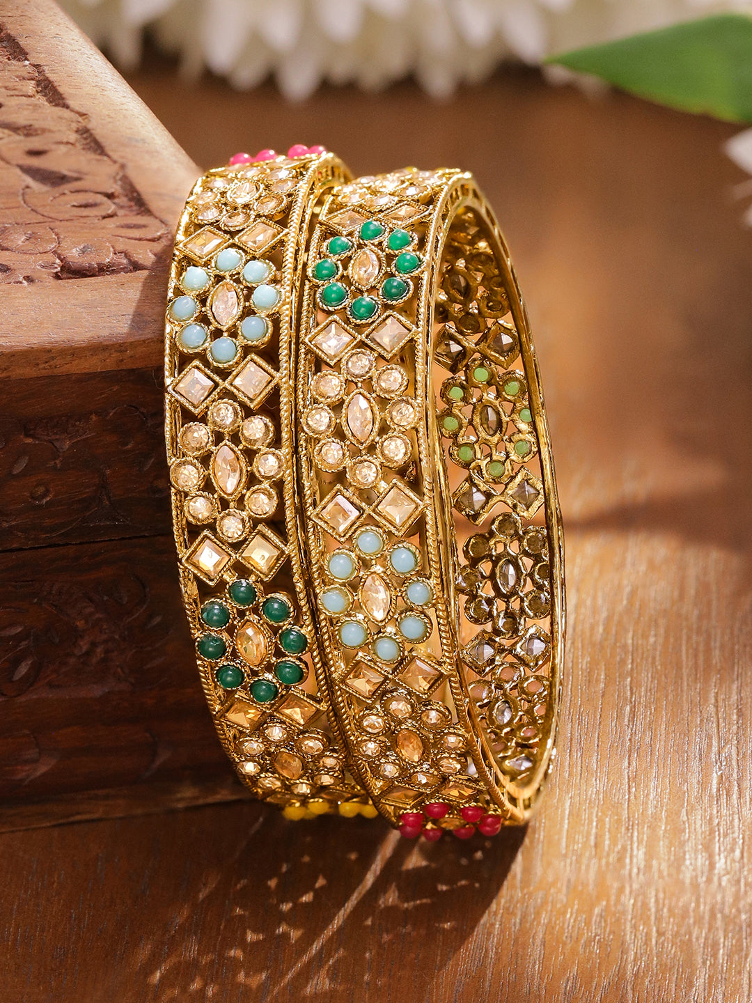 Multicolor Beaded Gold Bangles Set Of 2