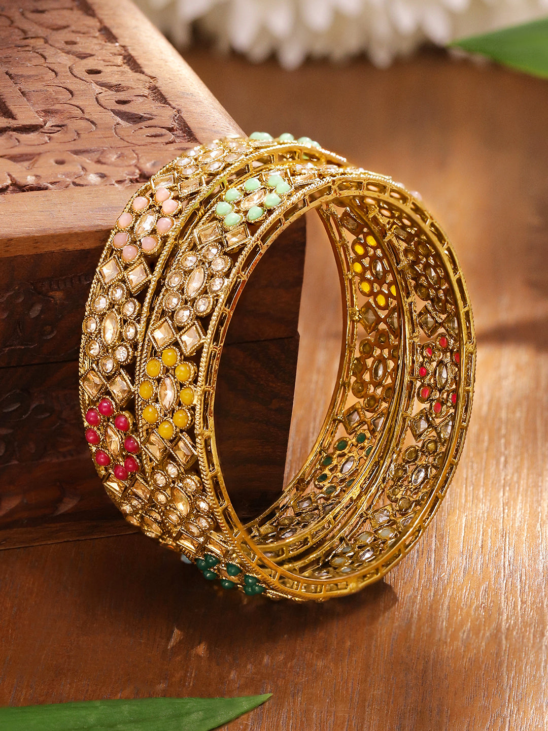Multicolor Beaded Gold Bangles Set Of 2