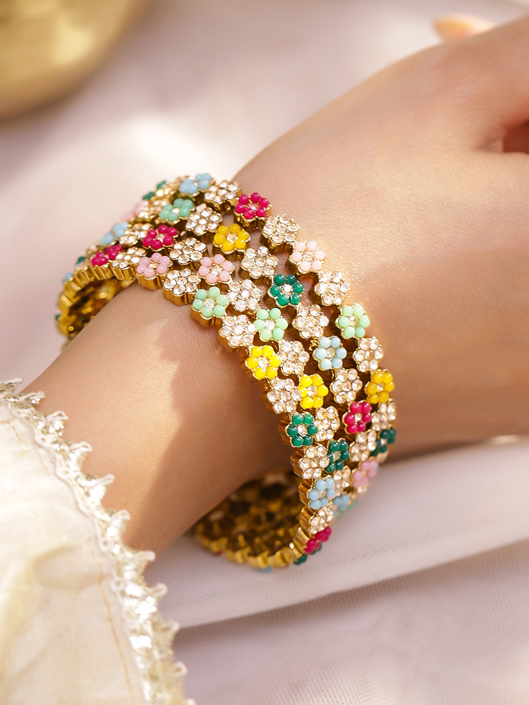 Multicolor Floral Beaded Gold Bangles Set Of 4