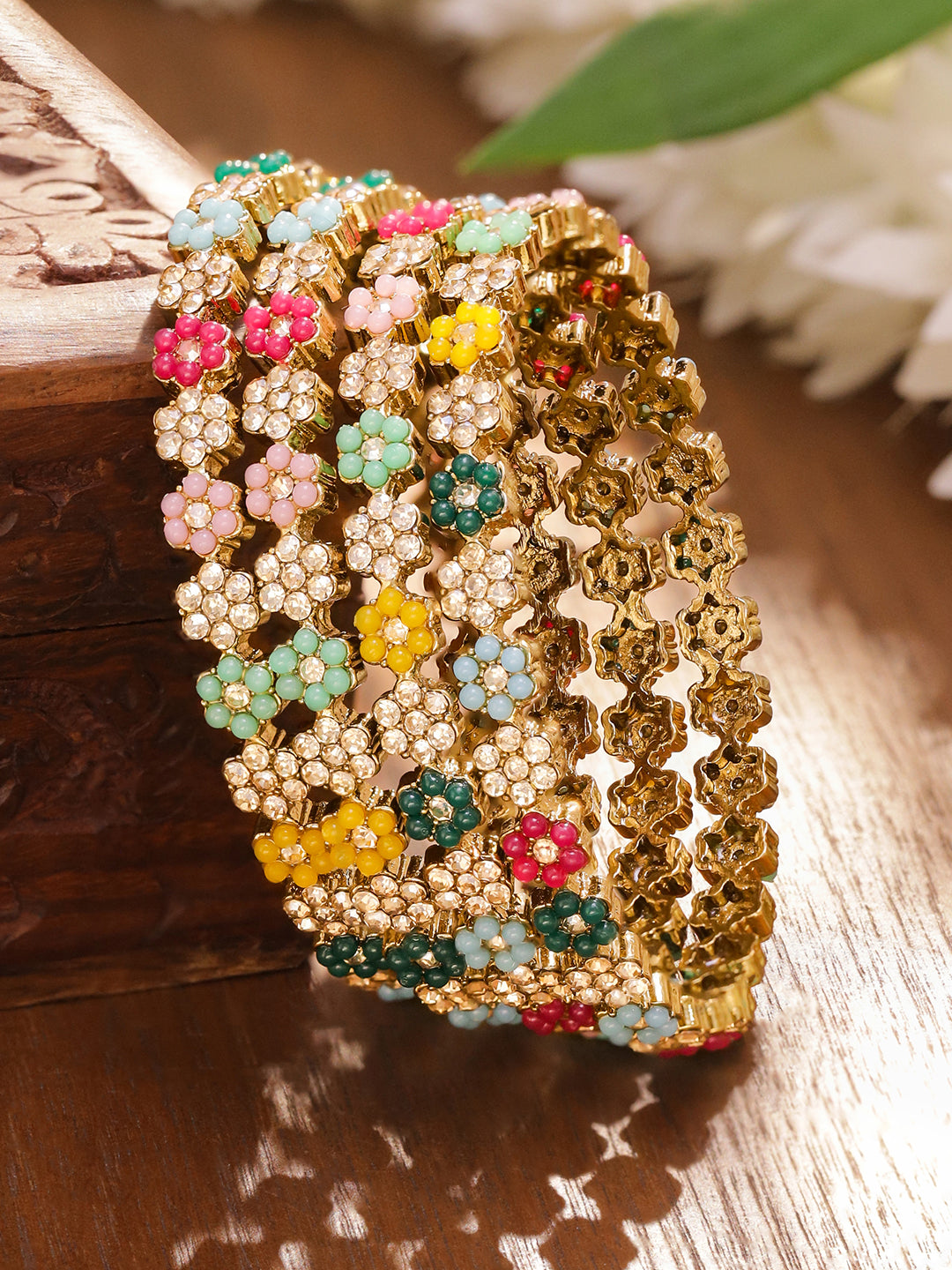 Multicolor Floral Beaded Gold Bangles Set Of 4
