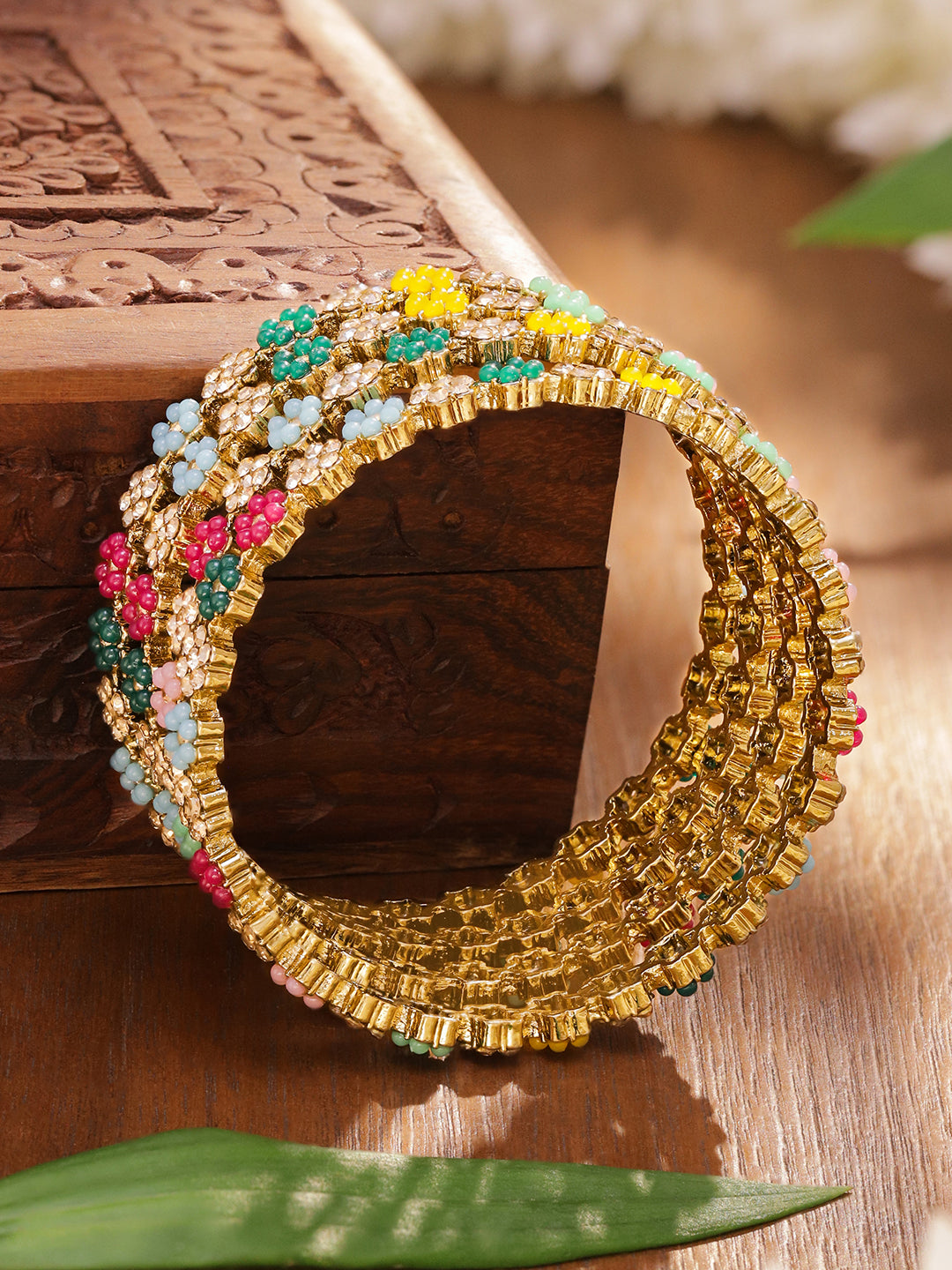 Multicolor Floral Beaded Gold Bangles Set Of 4