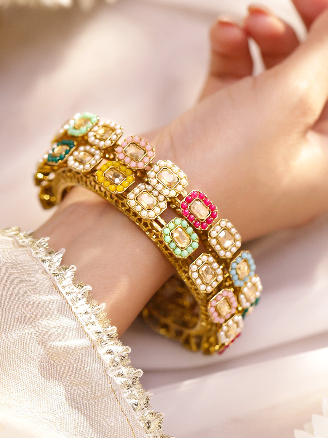 Gold Toned Multicolor Beaded Bangles Set Of 2